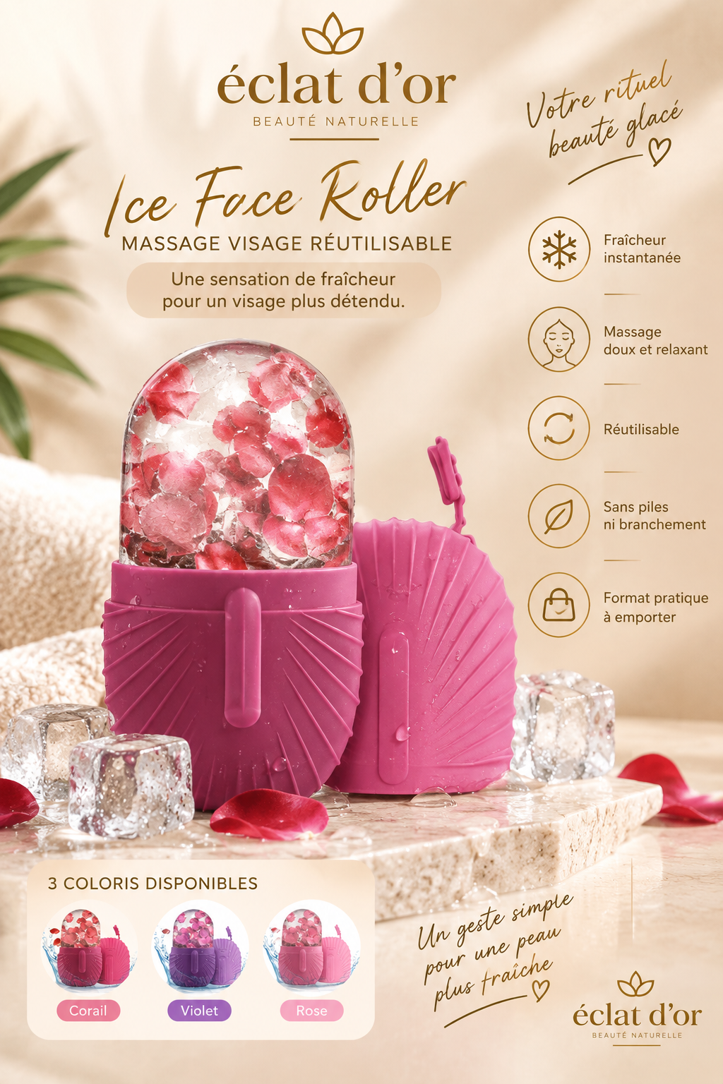Ice Face Roller Éclat & Fraîcheur – Massage Visage Réutilisable